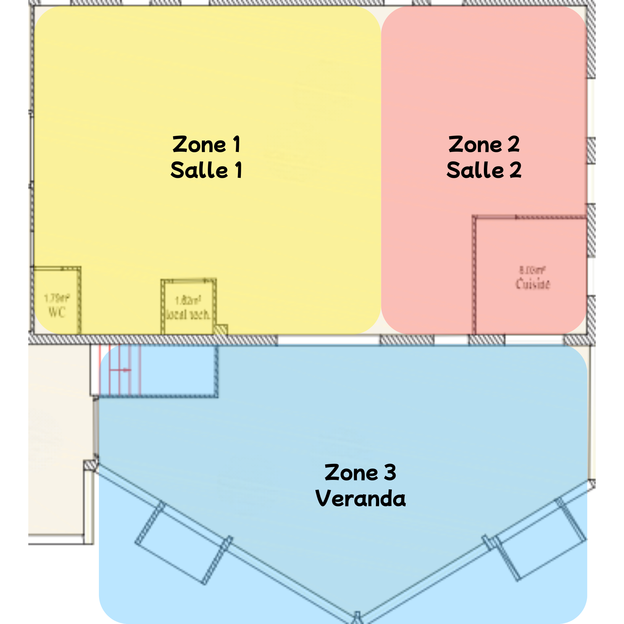 Plan du rez-de-chaussée : Zone 1 Salle 1, Zone 2 Salle 2, Zone 3 Véranda